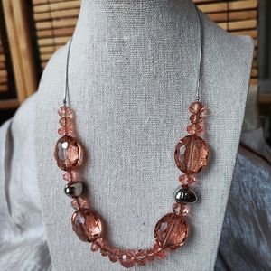 Oval and Round Faceted Salmon Color Glass Threaded Chain Silver Tone Necklace